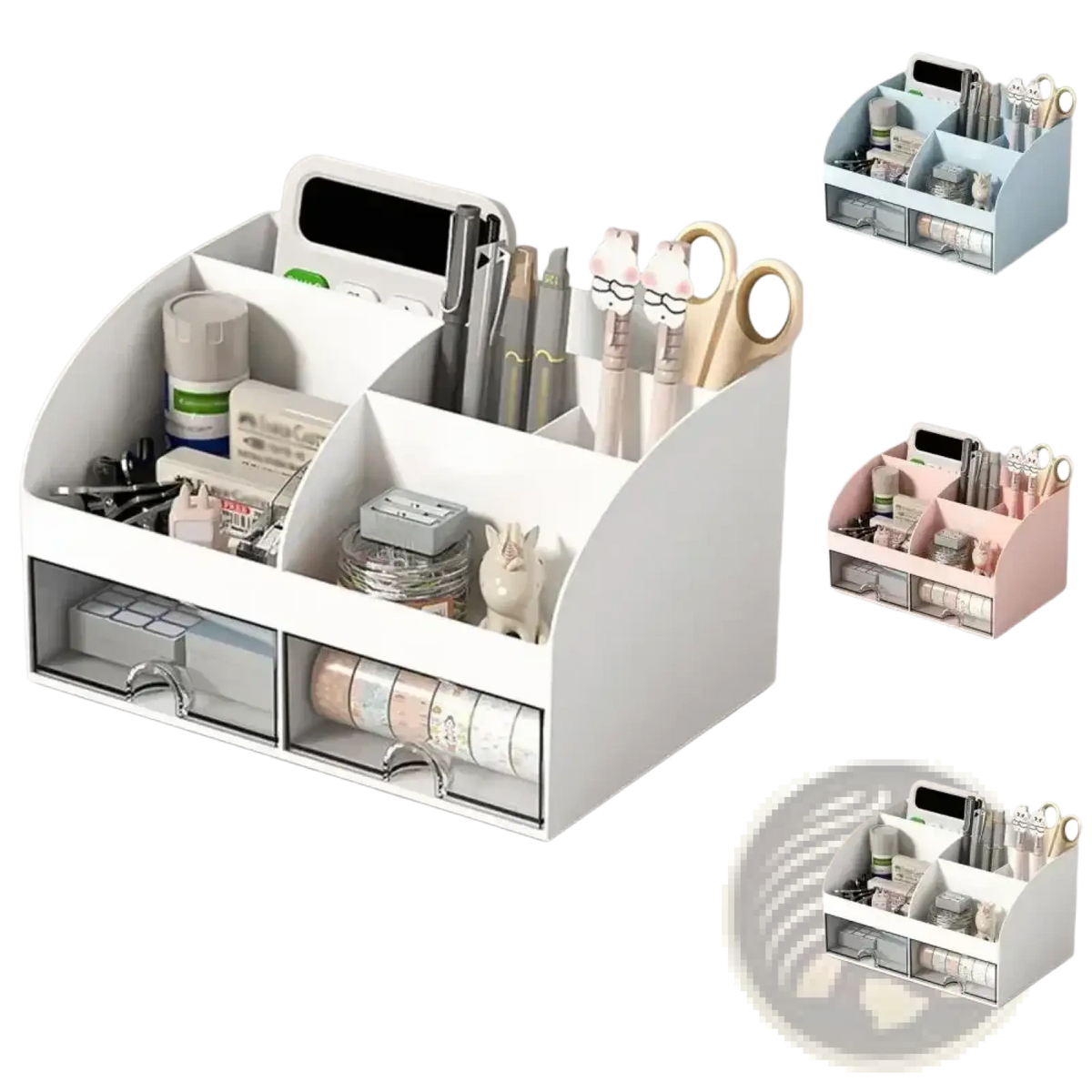 White plastic desk organizer with multiple compartments and clear drawers for efficient workspace storage