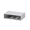 White desk organizer with white rectangular drawer, clear front panel, and silver handle for tidy storage
