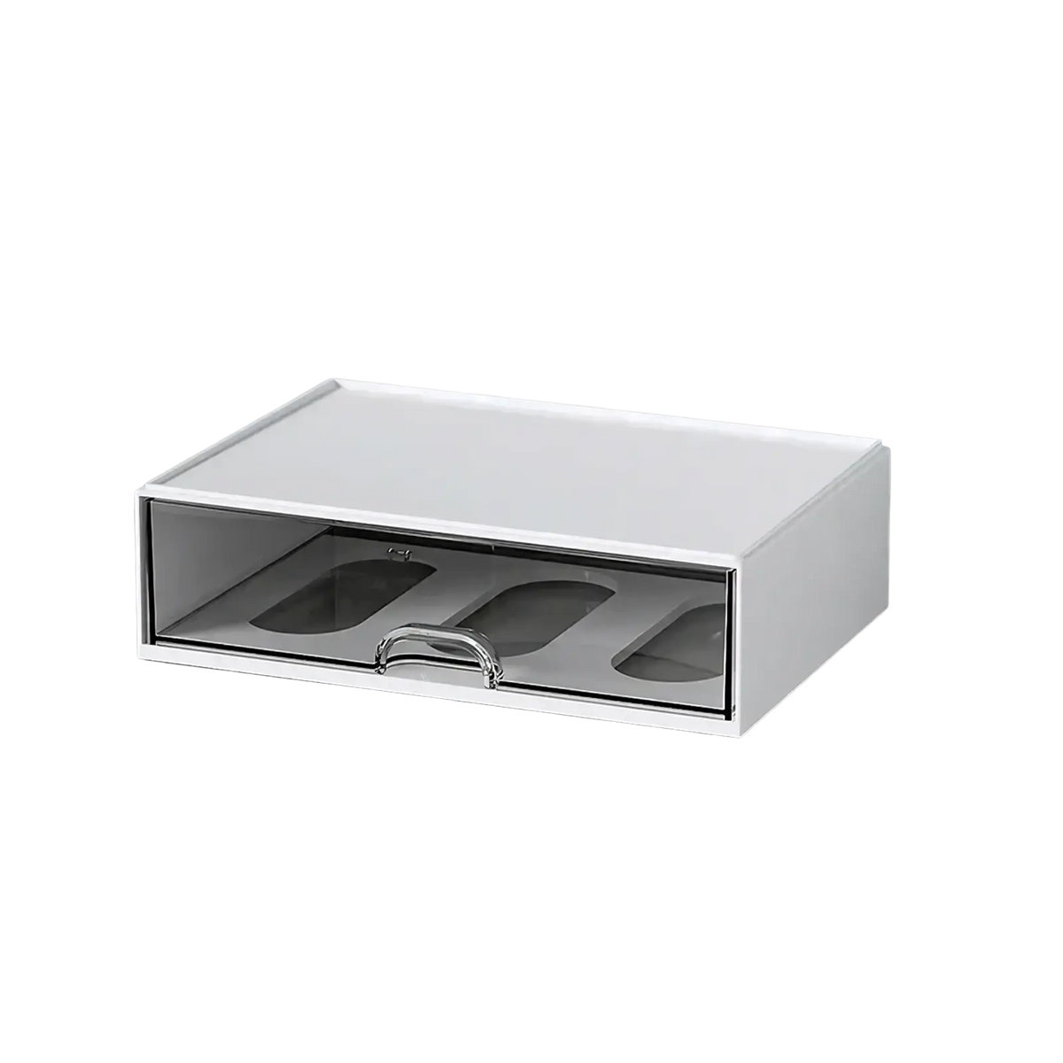 White desk organizer with white rectangular drawer, clear front panel, and silver handle for tidy storage