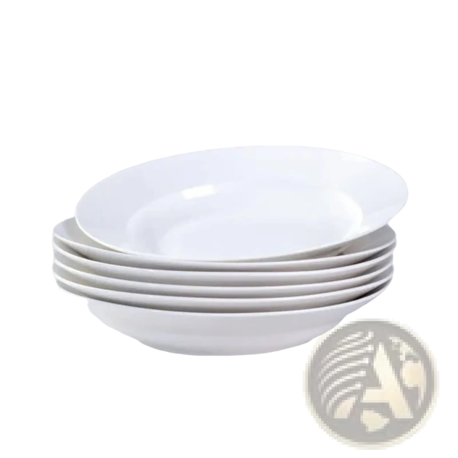 Stack of six white ceramic 9.5 inch soup bowls with smooth glossy finish and slightly flared rims for dinner use