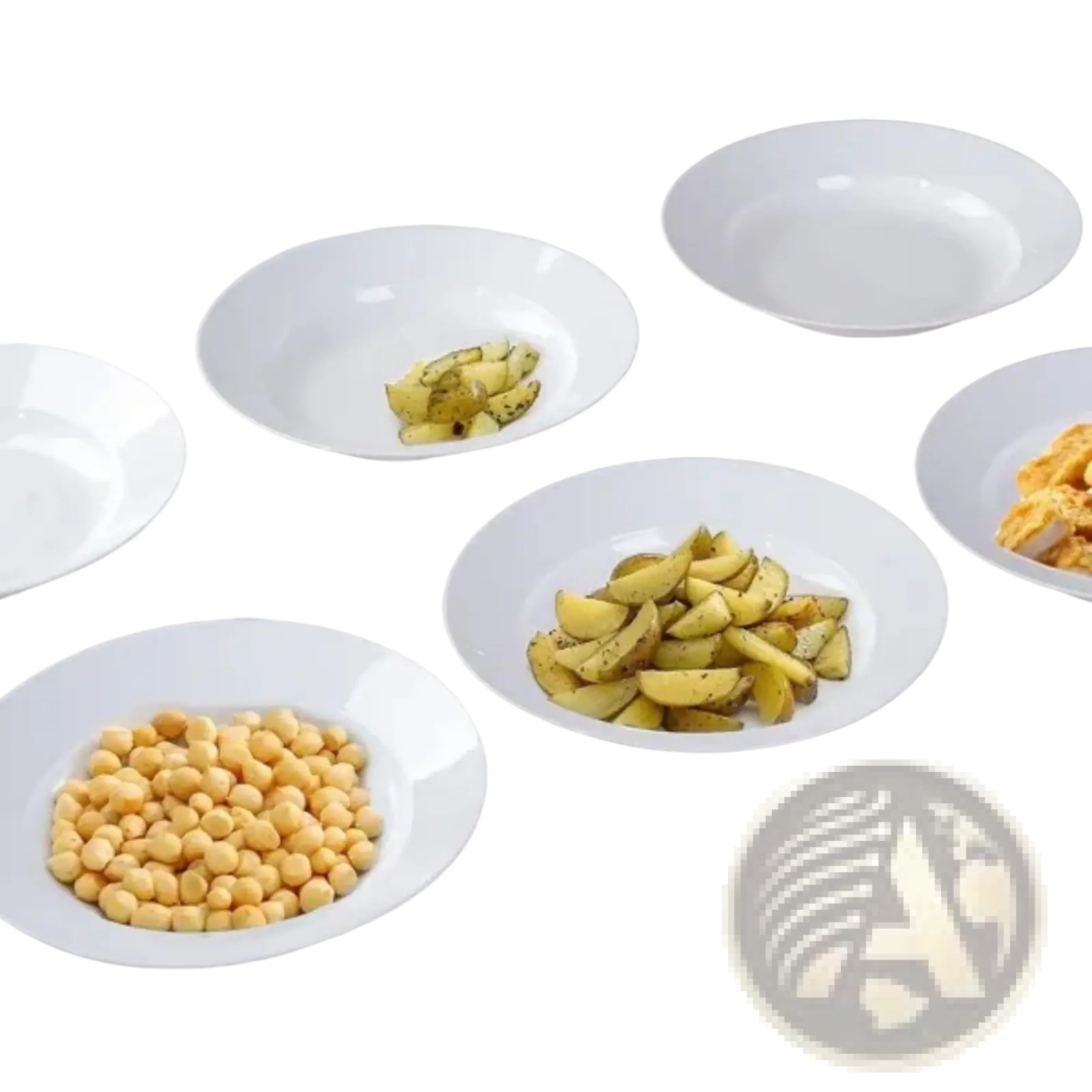 White ceramic dinner plates set of 6 arranged in a circular pattern each holding different food items 9.5 inch bowls