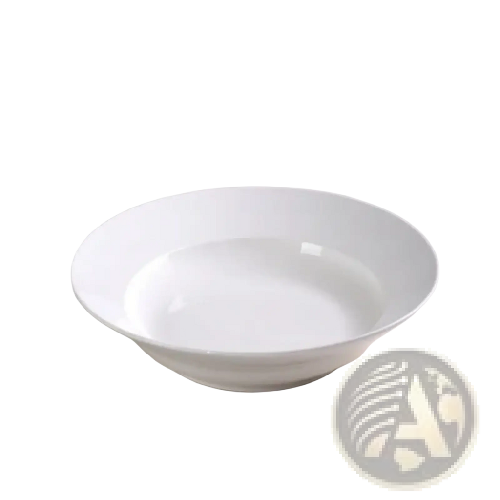 A sleek glossy white ceramic bowl with a smooth rounded rim and subtle footed base in a 9.5 inch set of 6 bowls