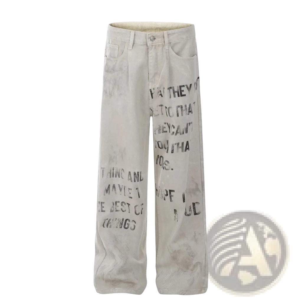 Off white distressed denim cargo jeans featuring bold black graffiti style text printed down the legs