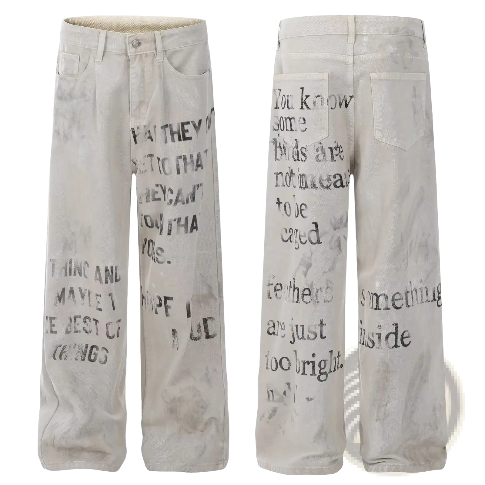 Off White distressed graffiti print cargo jeans featuring bold black typographic prints on the legs