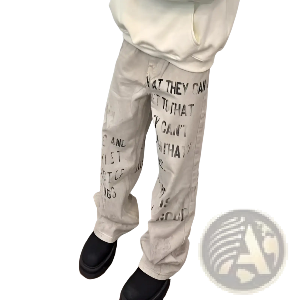 Off white cream-colored distressed cargo jeans with black graffiti print text running down the legs
