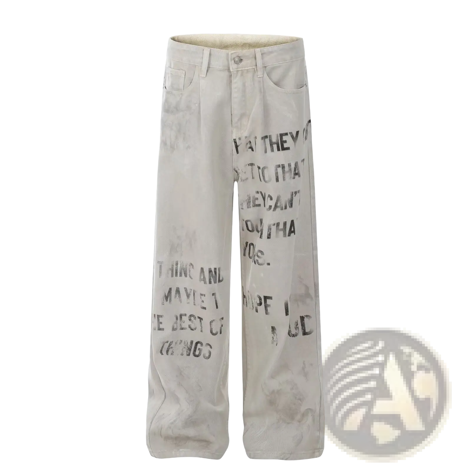 Off white distressed denim cargo jeans with bold black graffiti style text printed down the legs