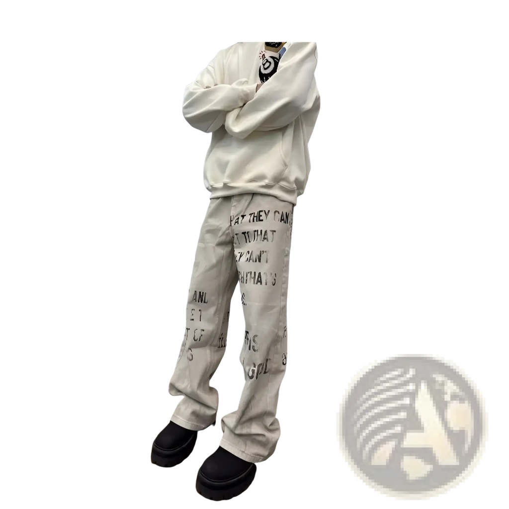 Off White distressed off-white loose-fitting cargo jeans with bold black graffiti print and textured fabric