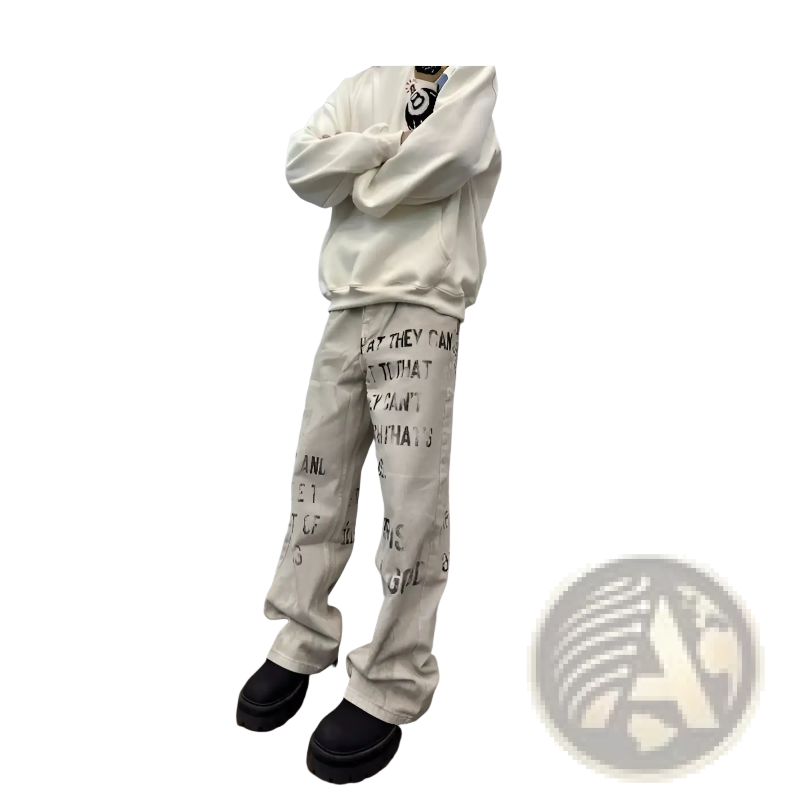 Off White distressed off-white loose-fitting cargo jeans with bold black graffiti print and textured fabric