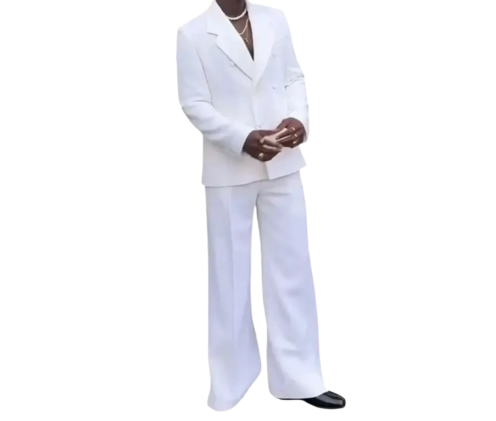 White double breasted suit for men with wide leg trousers ideal for wedding tuxedo occasions