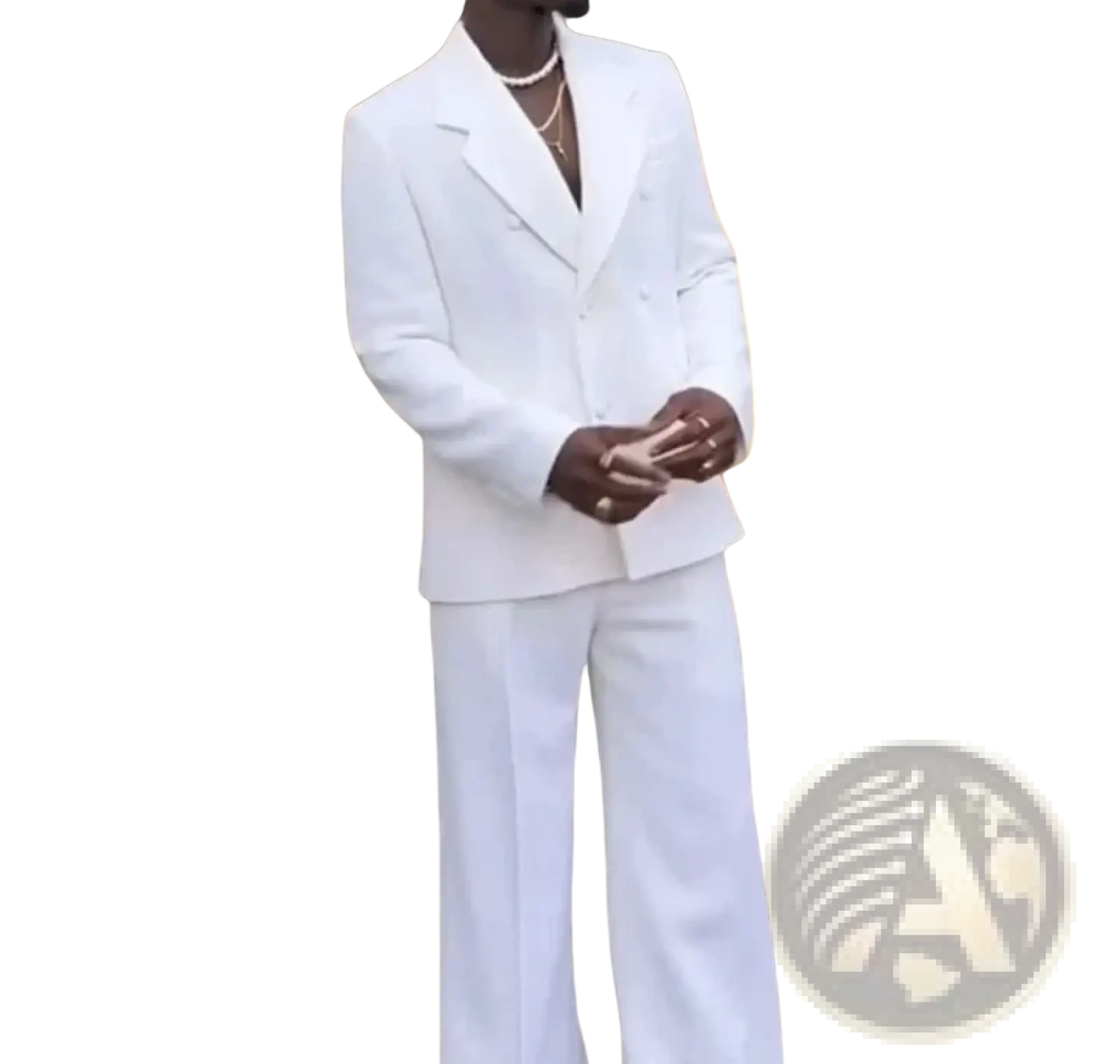 White double breasted mens wedding tuxedo suit with tailored lapels and wide leg trousers in crisp white fabric