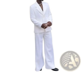 A sharp white double-breasted mens wedding tuxedo suit with wide-leg trousers made of smooth fabric with subtle sheen