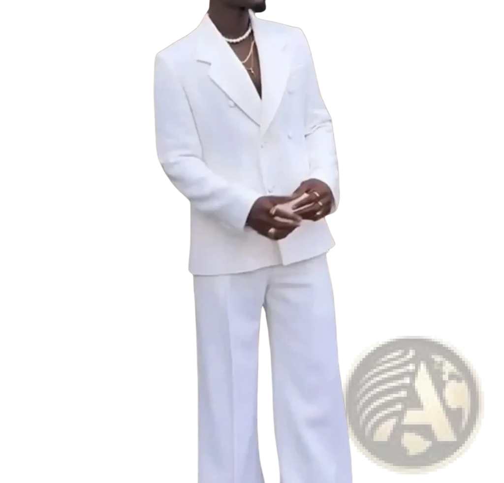 A sharply tailored white double-breasted mens wedding tuxedo suit with wide-leg trousers made of smooth fabric
