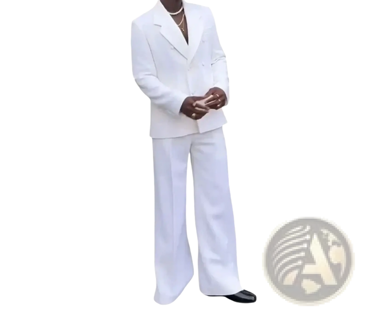 White double breasted suit for men with wide leg trousers ideal for wedding tuxedo occasions