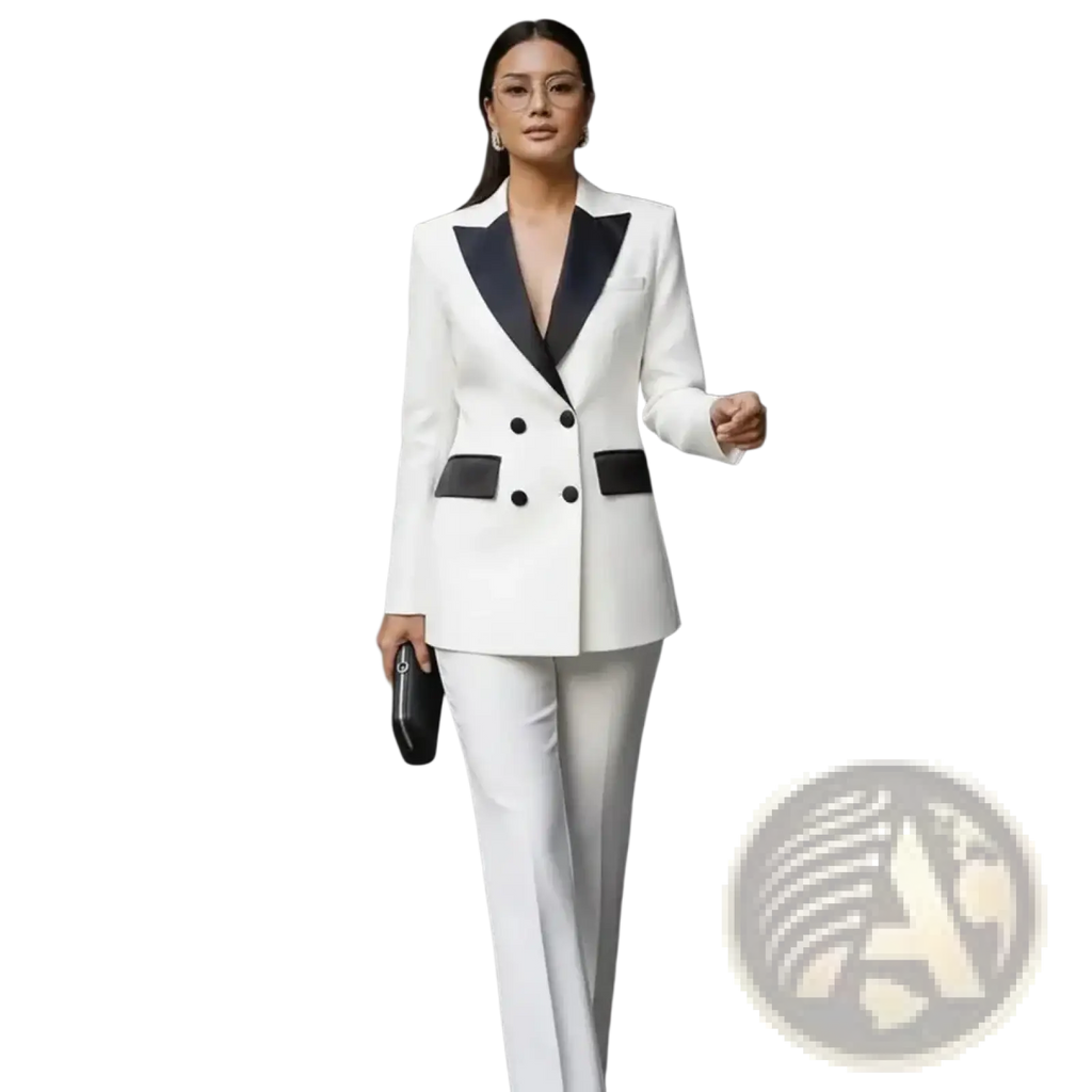 White double breasted women pant suit with black satin lapels and matching pocket flaps blazer front view