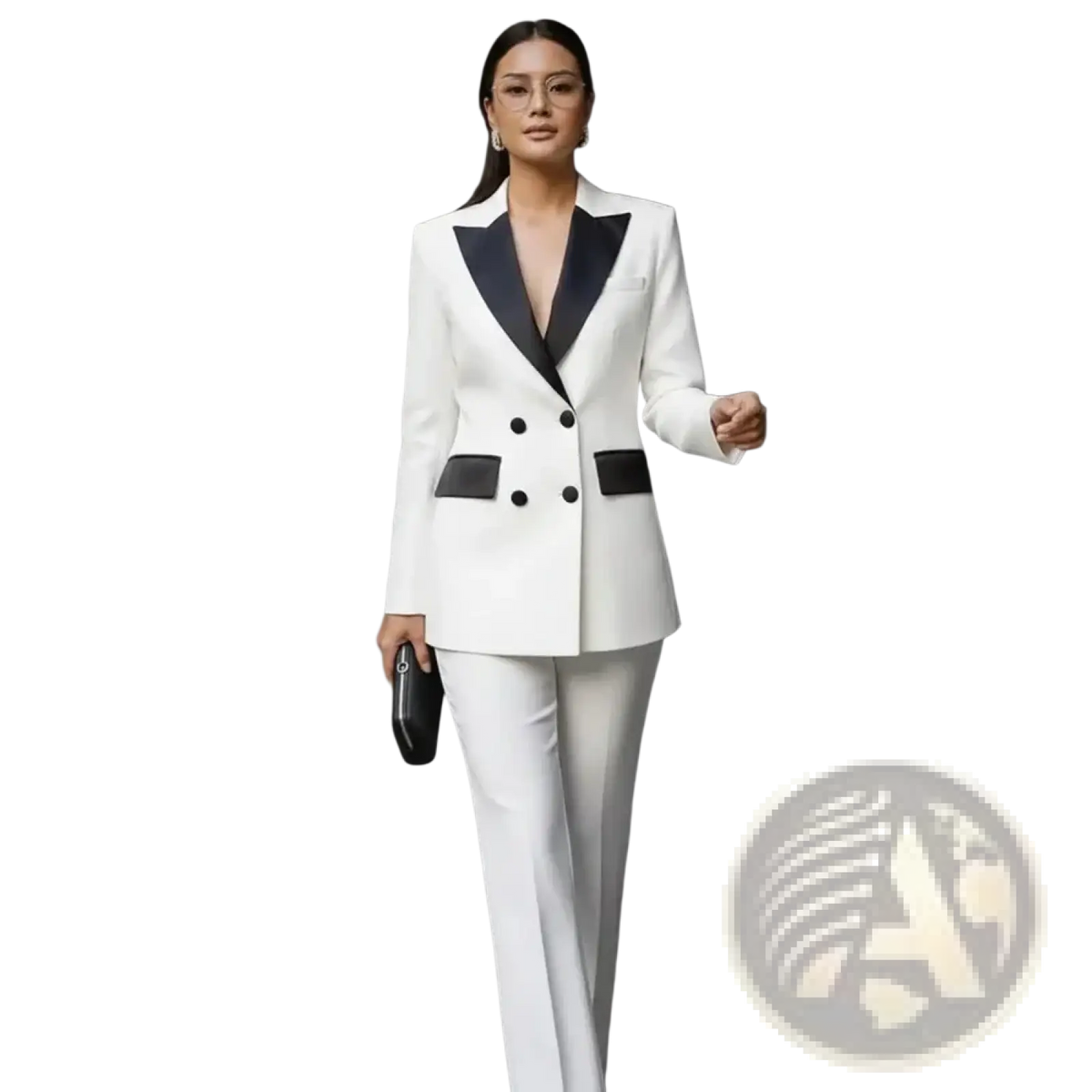White double breasted women pant suit with black satin lapels and matching pocket flaps blazer front view