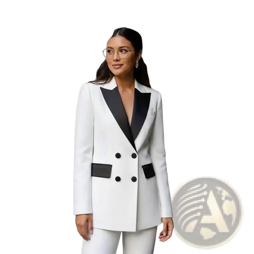 White double breasted women pant suit with black satin lapels and matching pocket flaps blazer