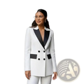 White double breasted women pant suit with black satin lapels and matching pocket flaps blazer