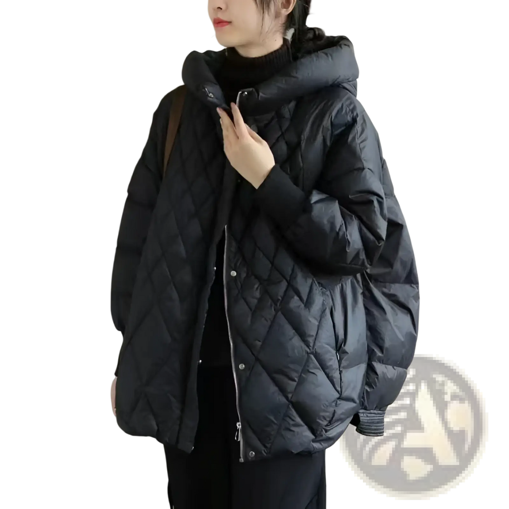 Black quilted white duck down puffer jacket with hood and silver zipper designed for winter wear