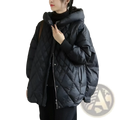 Black quilted white duck down puffer jacket with hood and silver zipper designed for winter wear