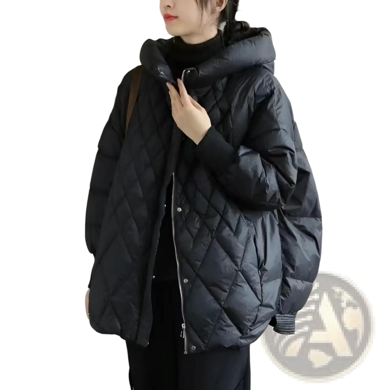 Black quilted white duck down puffer jacket with hood and silver zipper designed for winter wear