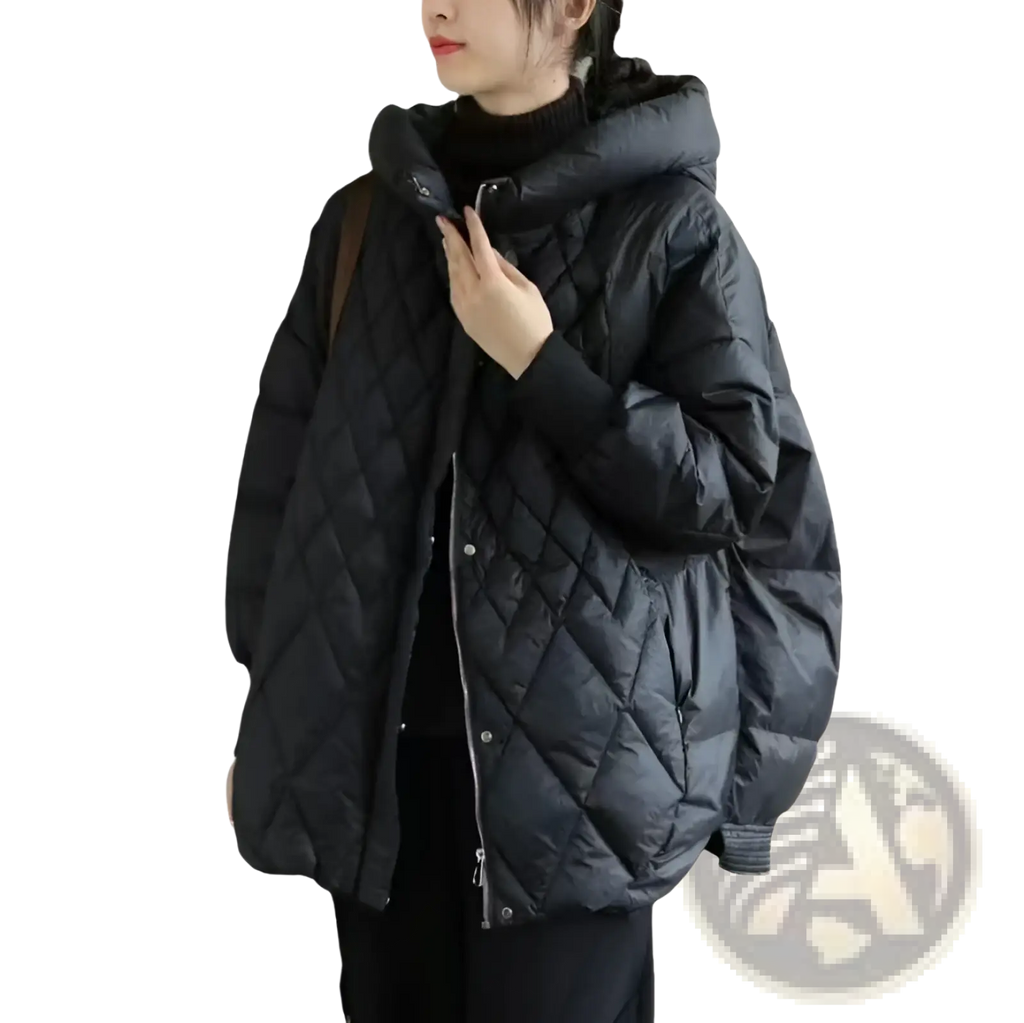 Black quilted white duck down puffer jacket with hood and front zipper for winter outerwear