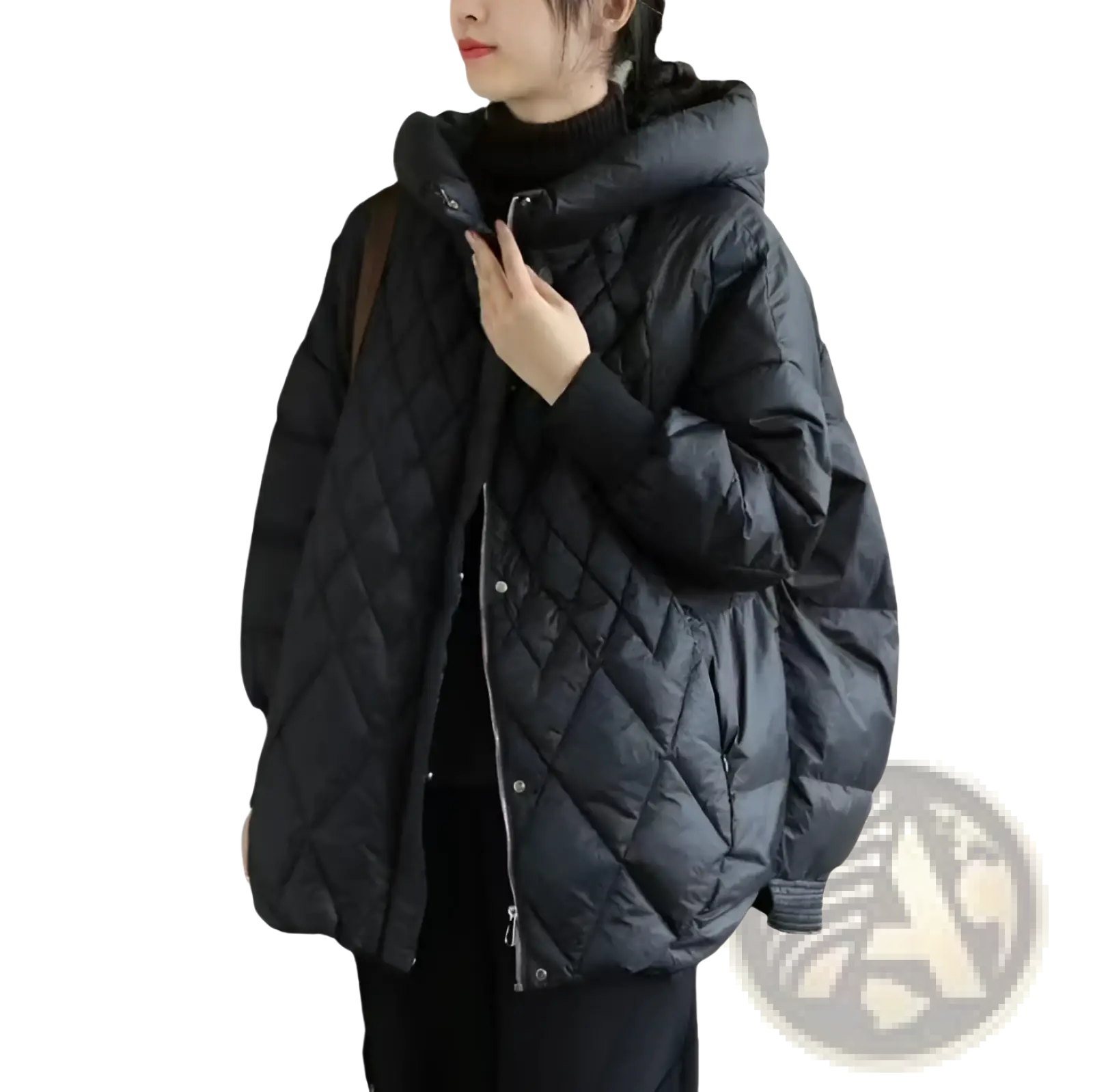 Black quilted white duck down puffer jacket with hood and front zipper for winter outerwear