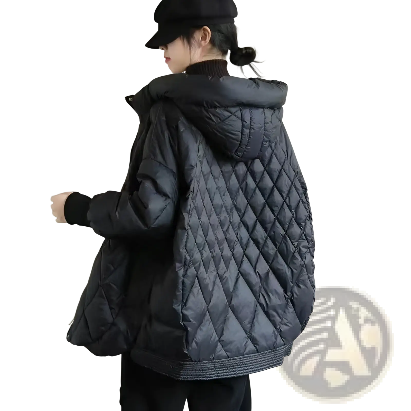 Black quilted white duck down puffer jacket with diamond-stitched pattern and hood for winter use