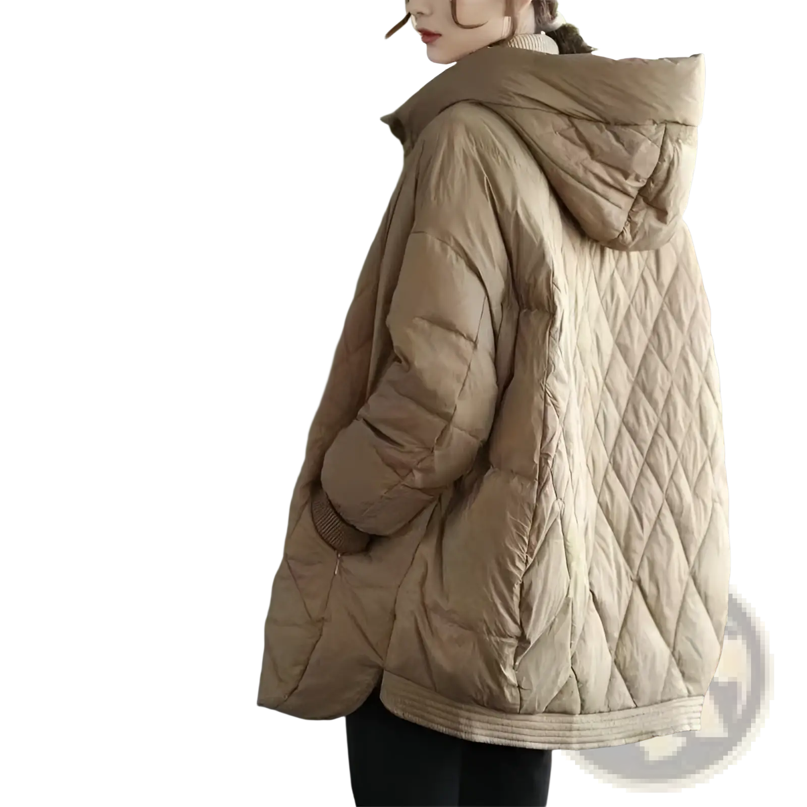 Beige quilted white duck down puffer jacket with hood and diamond-stitched pattern for winter wear