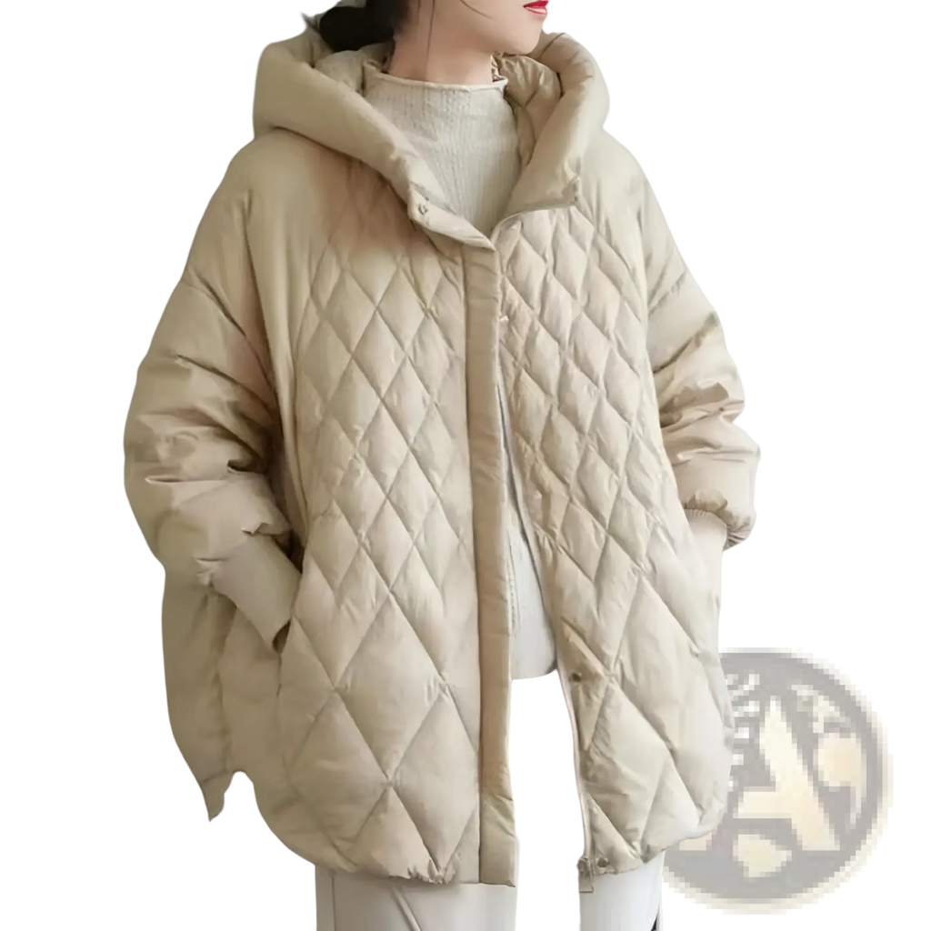 Beige quilted white duck down puffer jacket with hood and diamond-stitched padded texture for winter wear