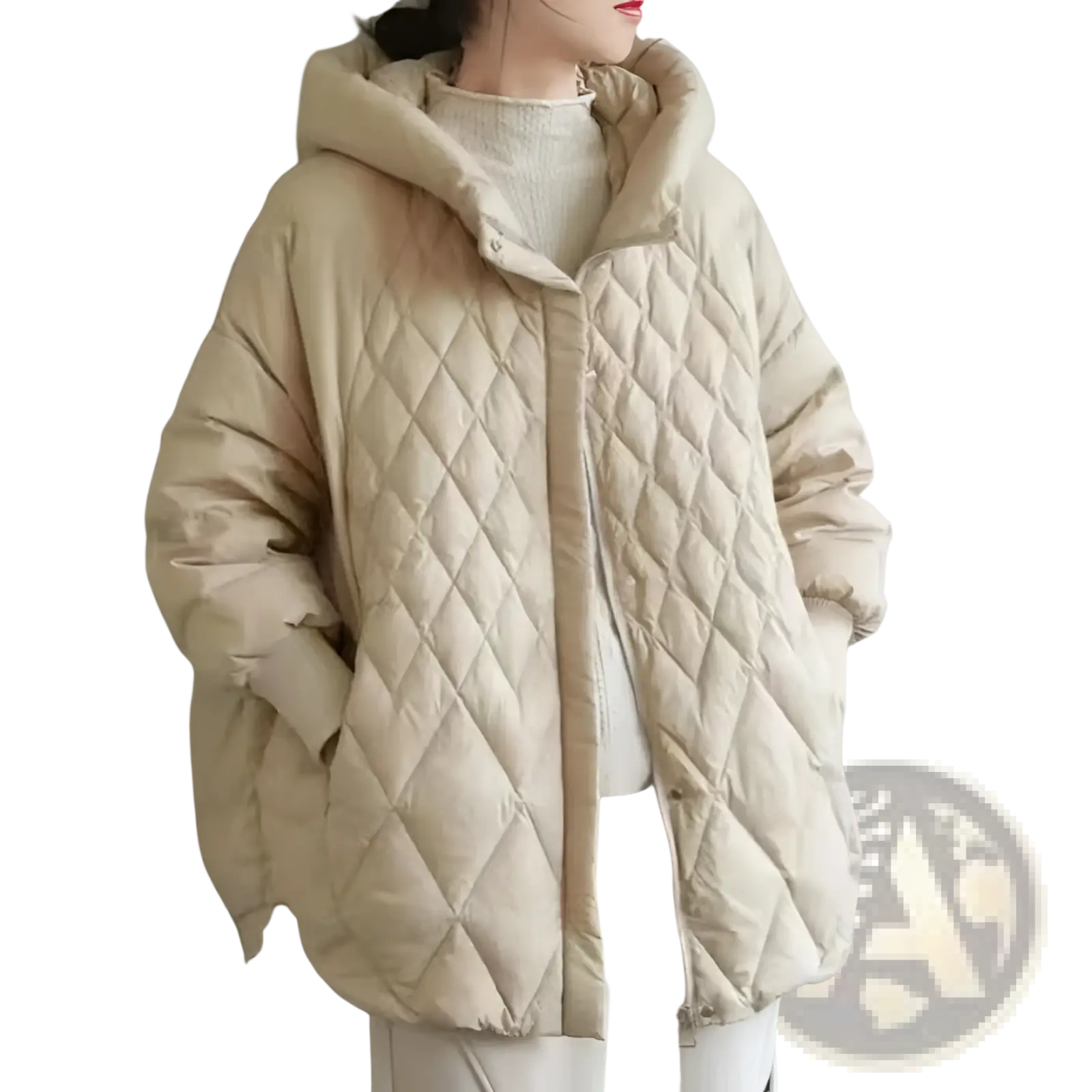 Beige quilted white duck down puffer jacket with hood and diamond-stitched padded texture for winter wear