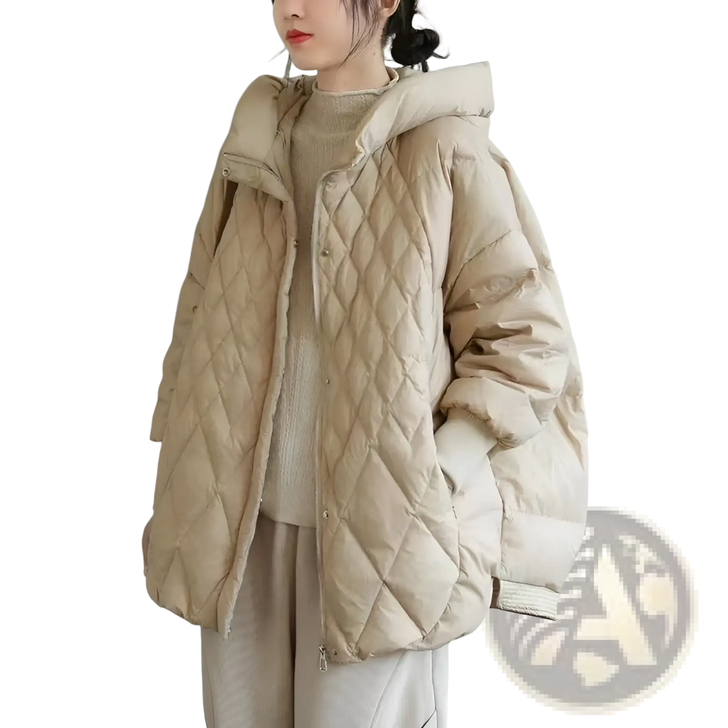 Beige quilted white duck down puffer jacket with hood and button closure for winter wear