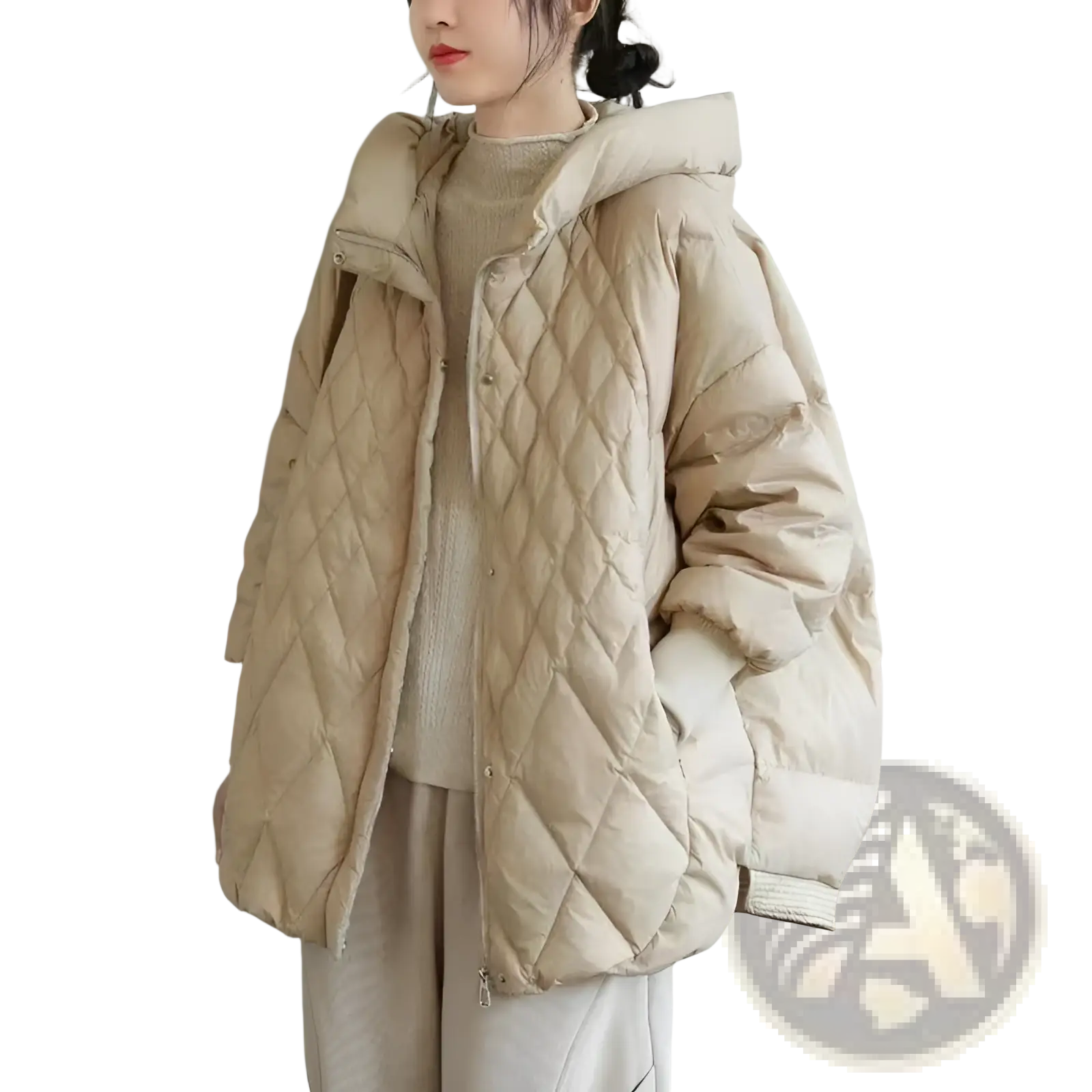Beige quilted white duck down puffer jacket with hood and button closure for winter wear