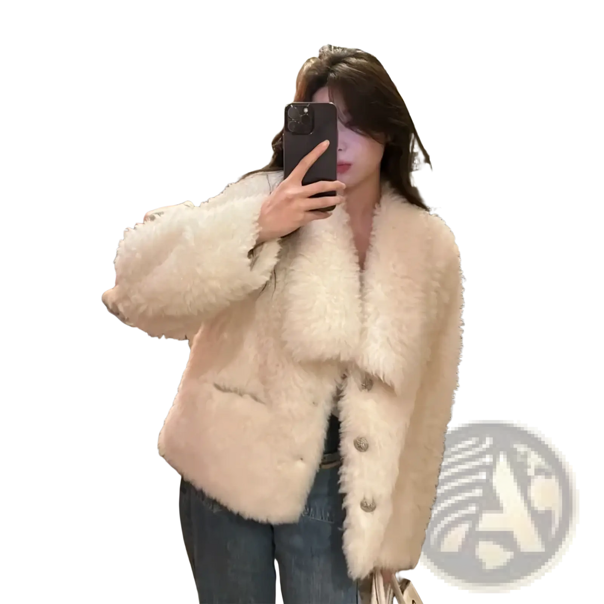 White faux fur cropped winter coat in cream color with fluffy texture and three matching buttons down the front