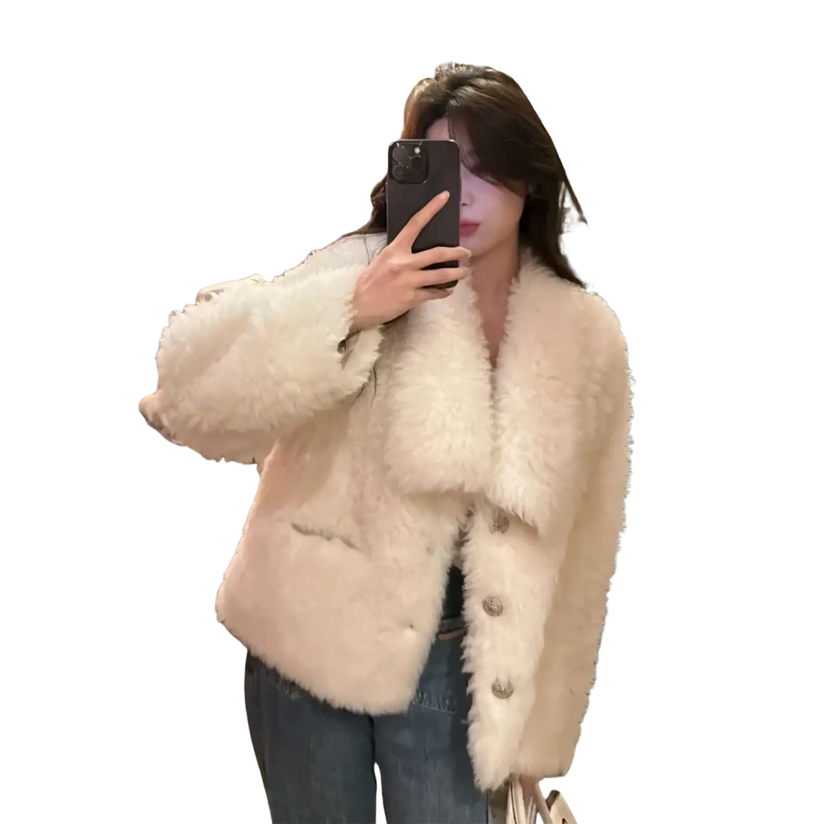 Cream-colored fluffy white faux fur cropped winter coat with three silver buttons front view