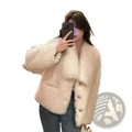 Cream-colored fluffy white faux fur cropped winter coat with three silver buttons front view