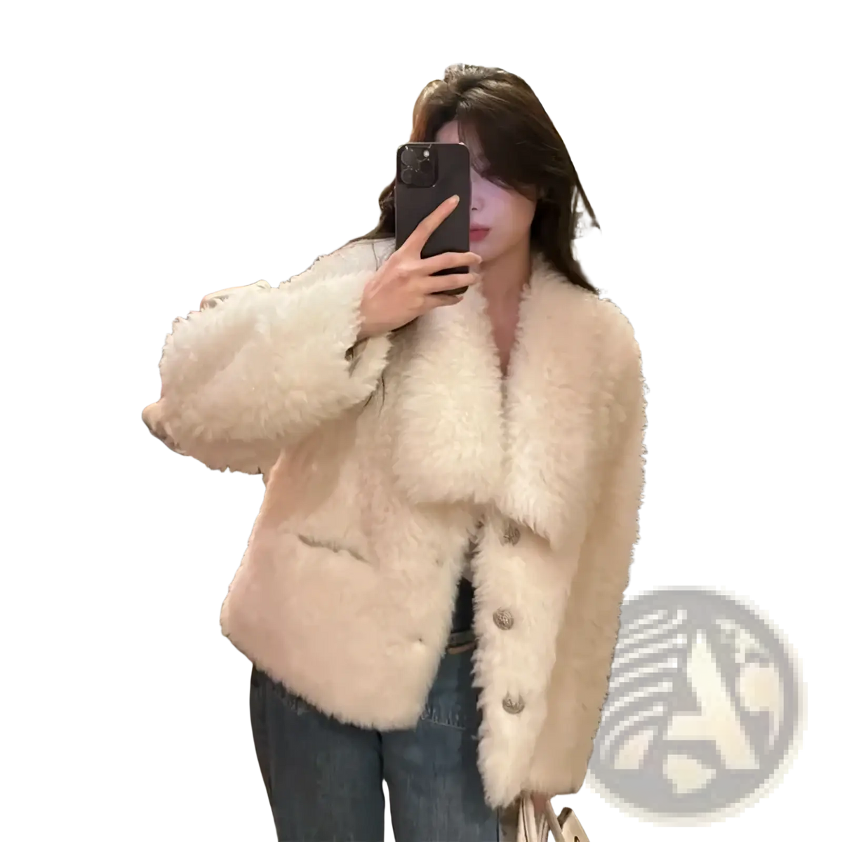 Cream-colored fluffy white faux fur cropped winter coat with three silver buttons front view