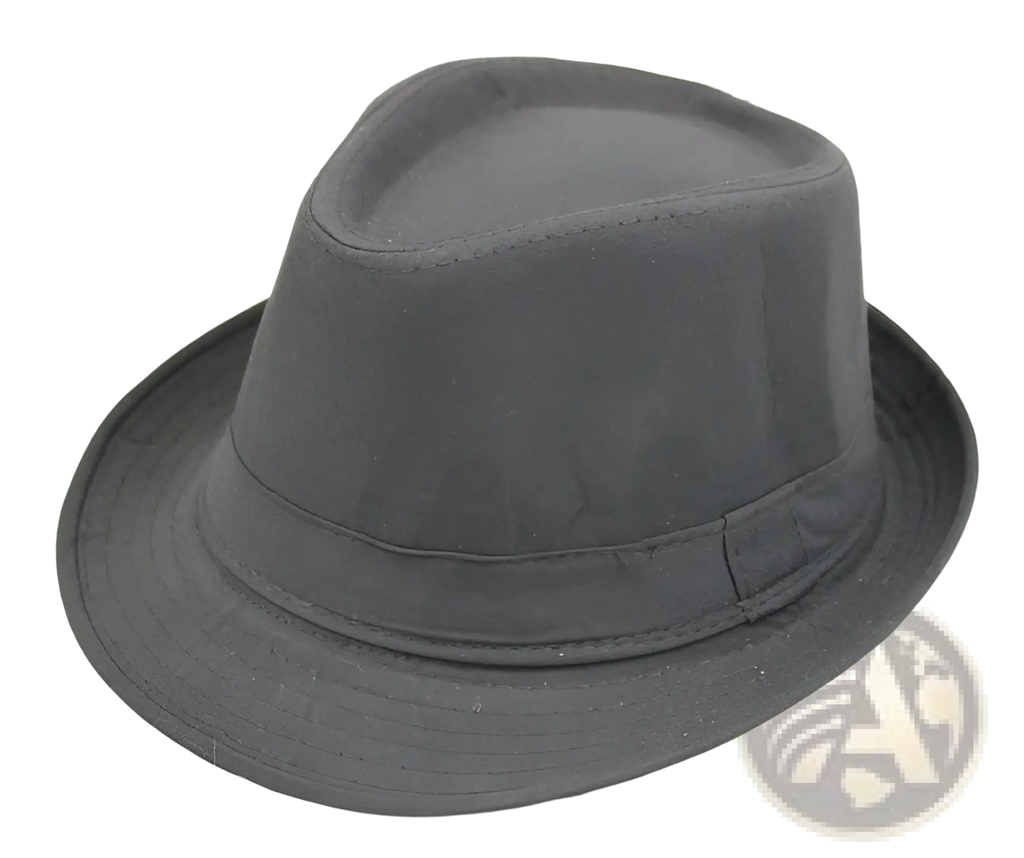 Black fedora hat with structured crown and wide brim made of fabric in white fedora hat retro british style men’s headwear