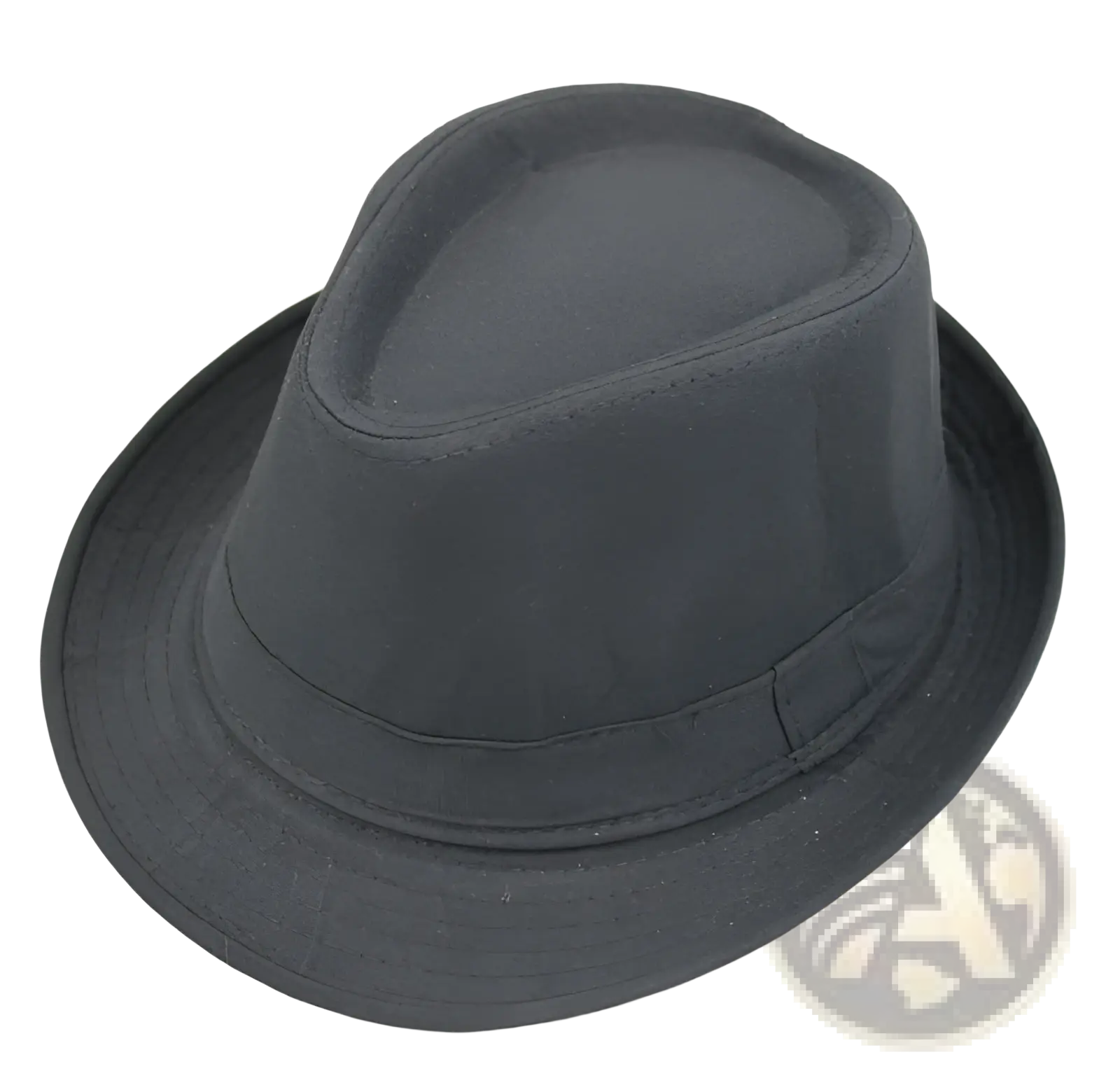 Black fedora hat with structured crown and wide brim made of fabric material for men in retro british style