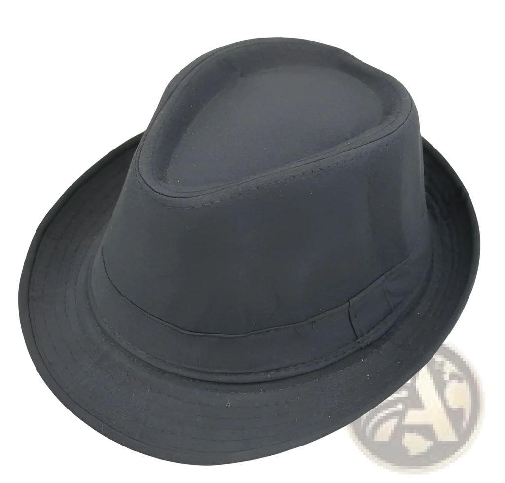 Black fedora hat with structured crown and wide brim made of fabric material for men in retro british style