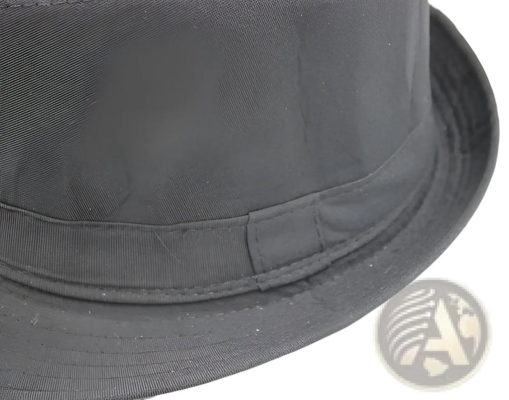 Black fabric fedora hat with structured crown and stitched band for retro british style men’s headwear