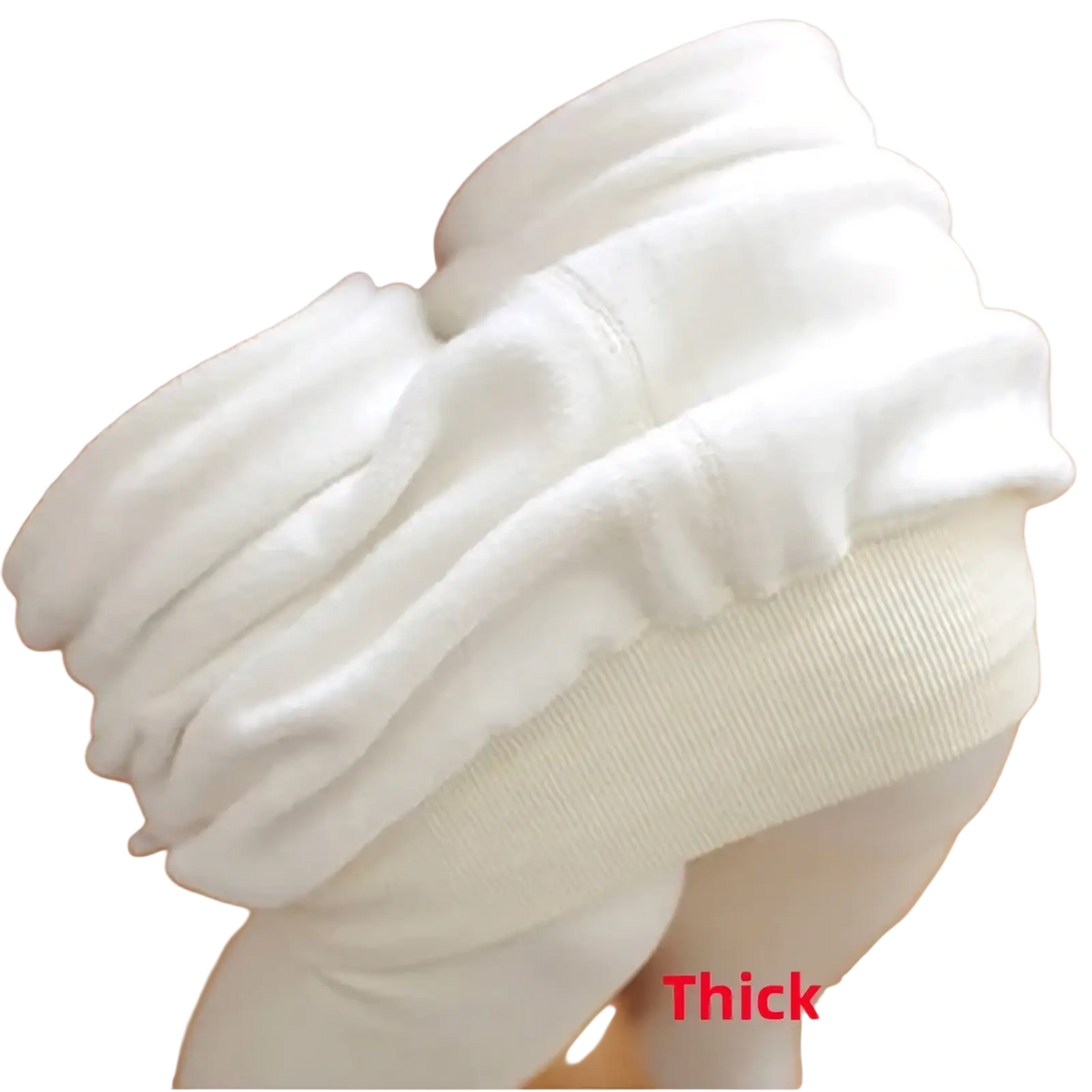 White fleece lined thermal leggings for women featuring thick fleece material and a ribbed waistband for comfort