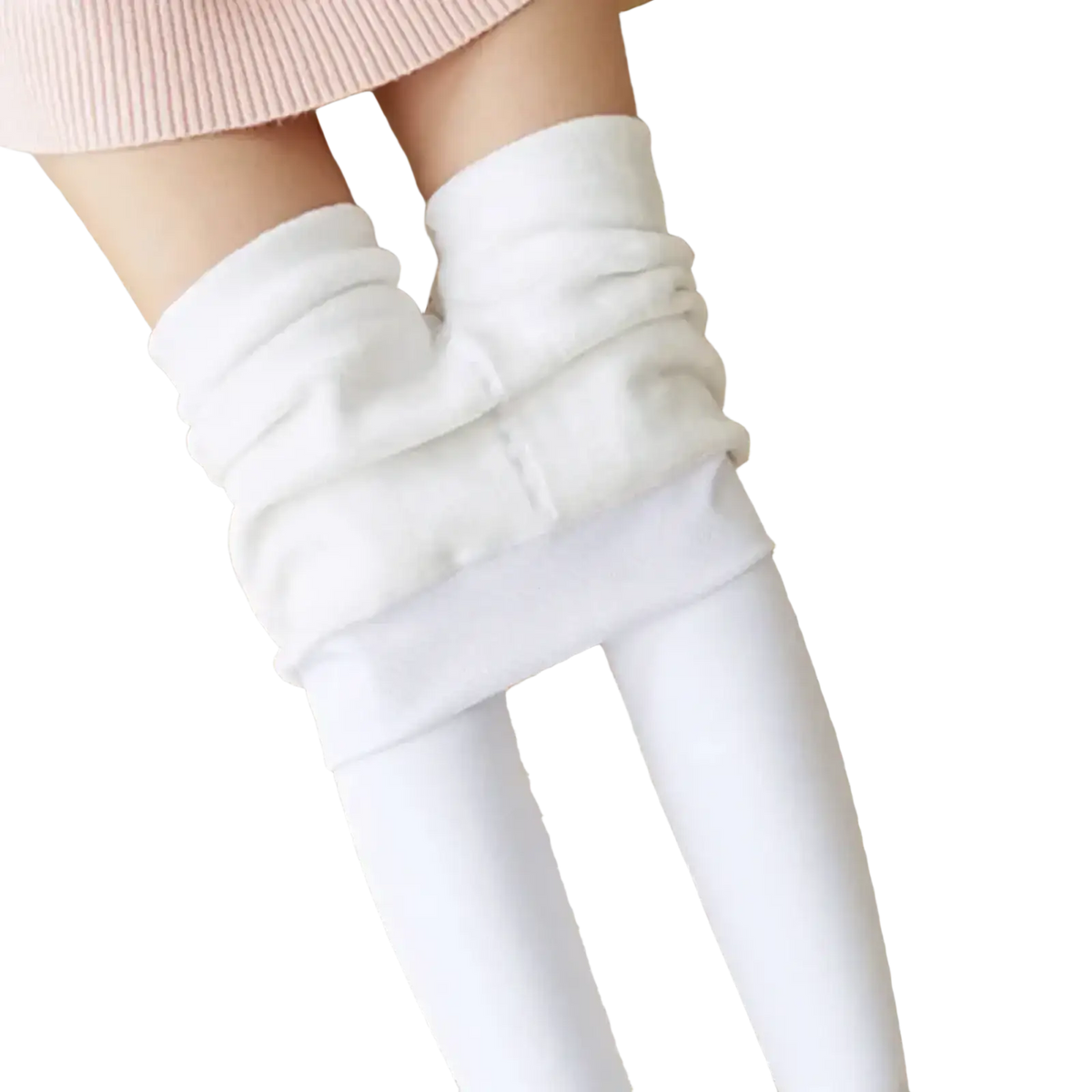 White fleece lined thermal leggings for women featuring plush two-layered fabric with ribbed cuff and smooth inner layer