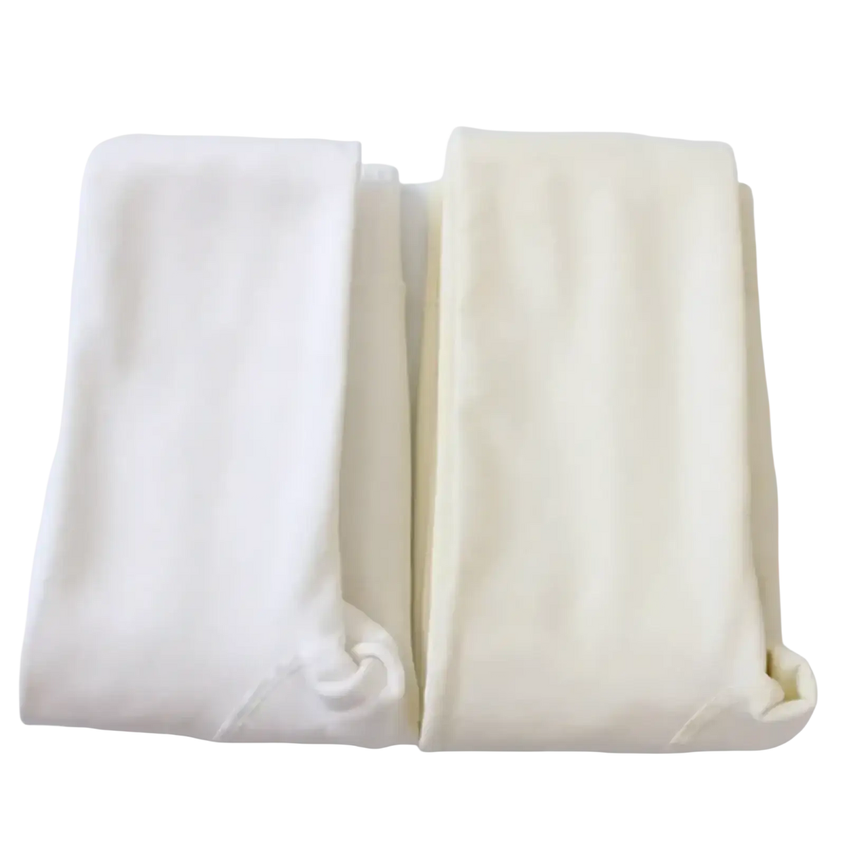 Two neatly folded white and cream cotton muslin cloth bags with drawstring closures for white fleece lined thermal leggings