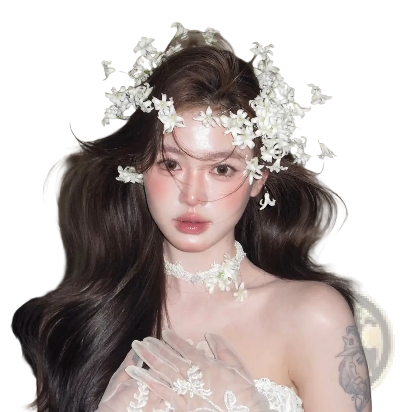 White floral wedding hair crown with delicate lace detailing and small blossoms handmade for bridal wear