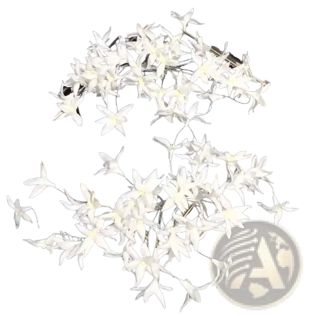 White floral wedding hair crown with delicate artificial jasmine flowers in white plastic with subtle yellow centers