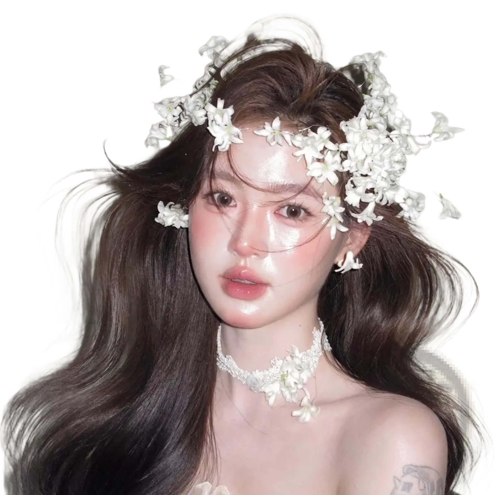 White floral wedding hair crown handmade bridal headpiece with delicate small blossoms and greenery worn as a crown