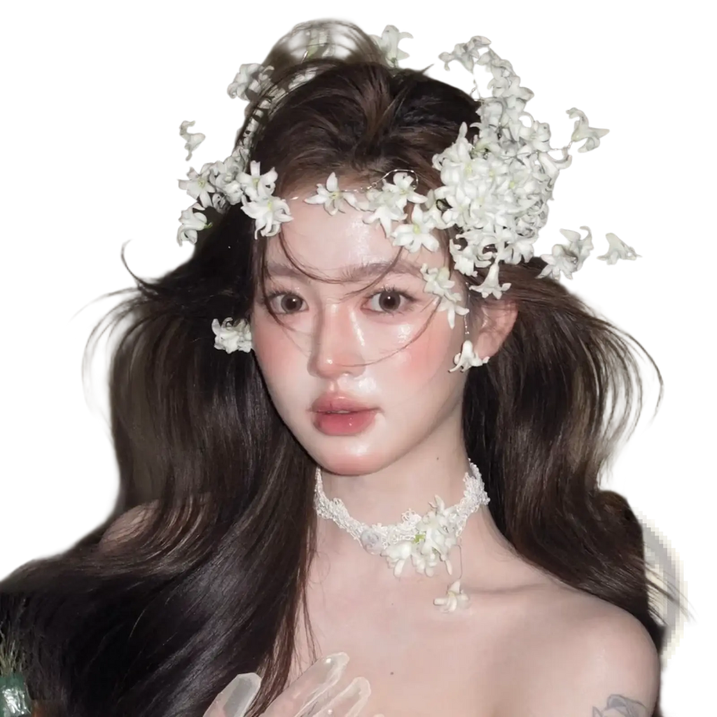 A delicate white floral wedding hair crown handmade with intricate lace and small blossoms for bridal wear