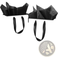 White gift bags with black satin ribbon handles filled with glittery black tissue paper for elegant packaging