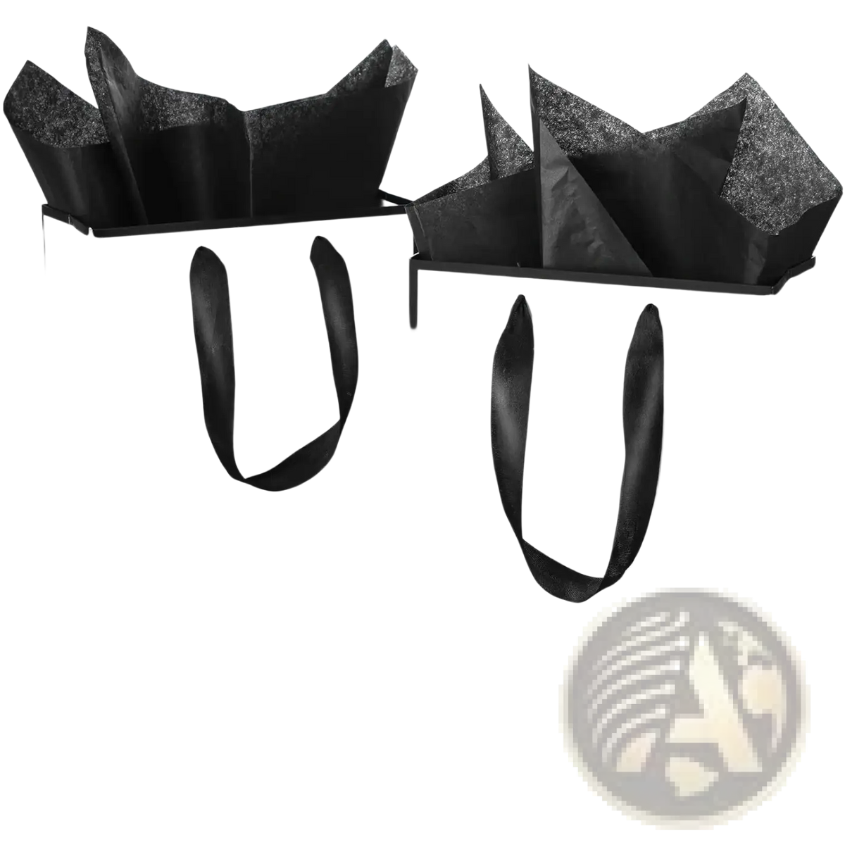 White gift bags with black satin ribbon handles filled with glittery black tissue paper for elegant packaging