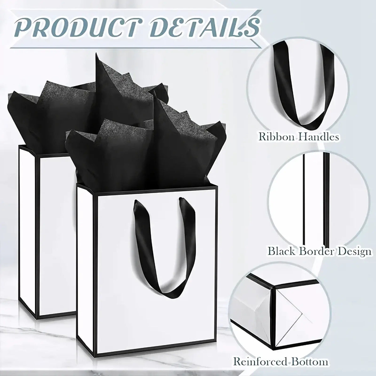 White gift bag with black ribbon handles and sleek black border design ideal for elegant presents